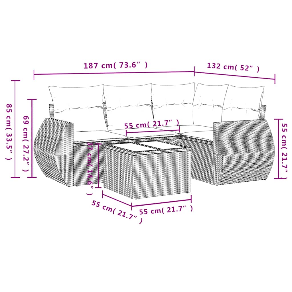5 Piece Garden Sofa Set with Cushions Black Poly Rattan
