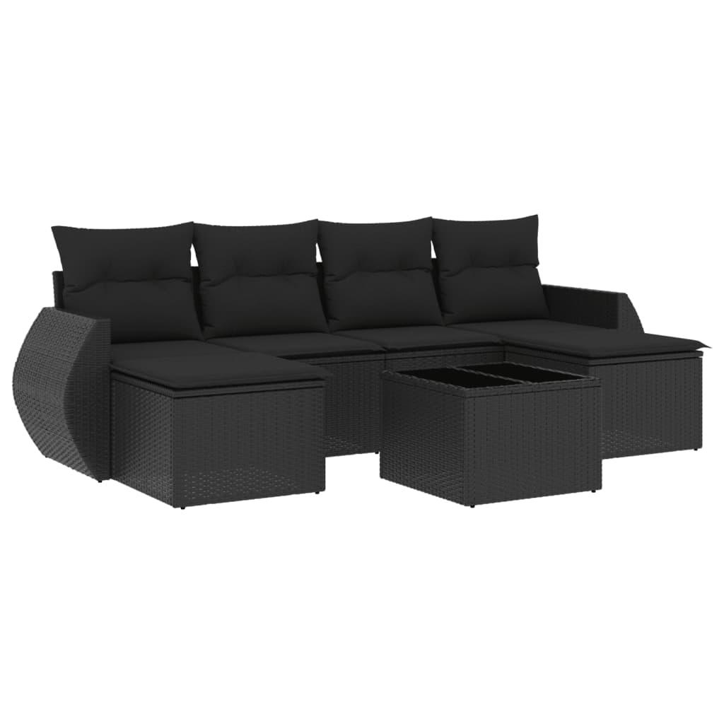 7 Piece Garden Sofa Set with Cushions Black Poly Rattan