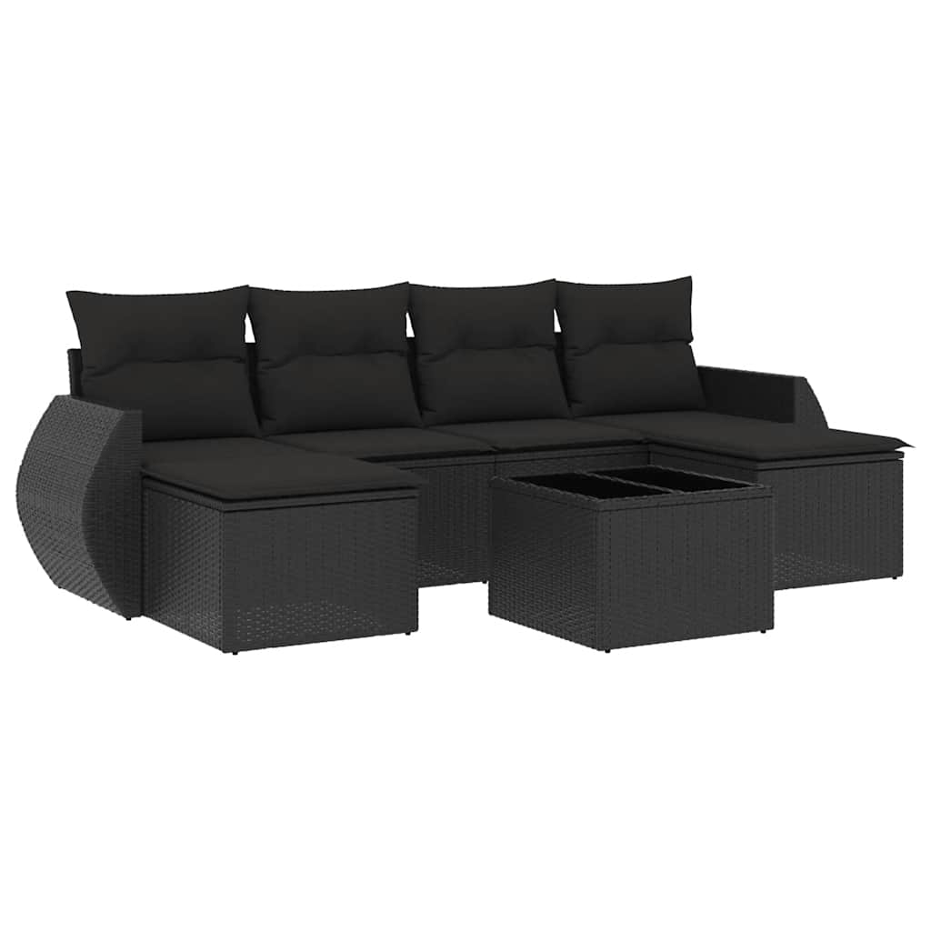 7 Piece Garden Sofa Set with Cushions Black Poly Rattan