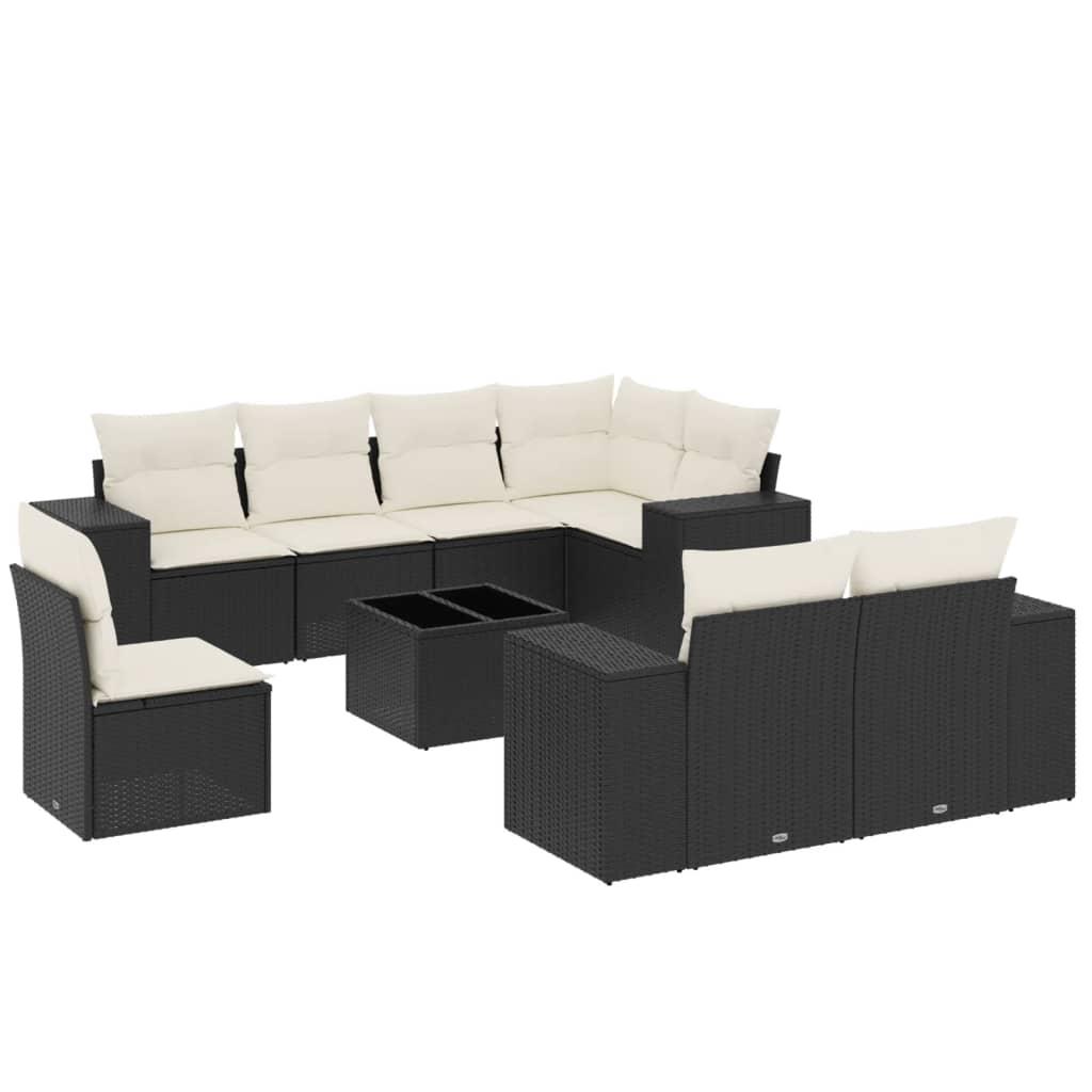 9 Piece Garden Sofa Set with Cushions Black Poly Rattan