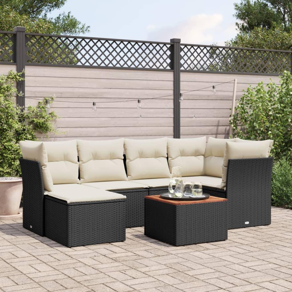 7 Piece Garden Sofa Set with Cushions Black Poly Rattan