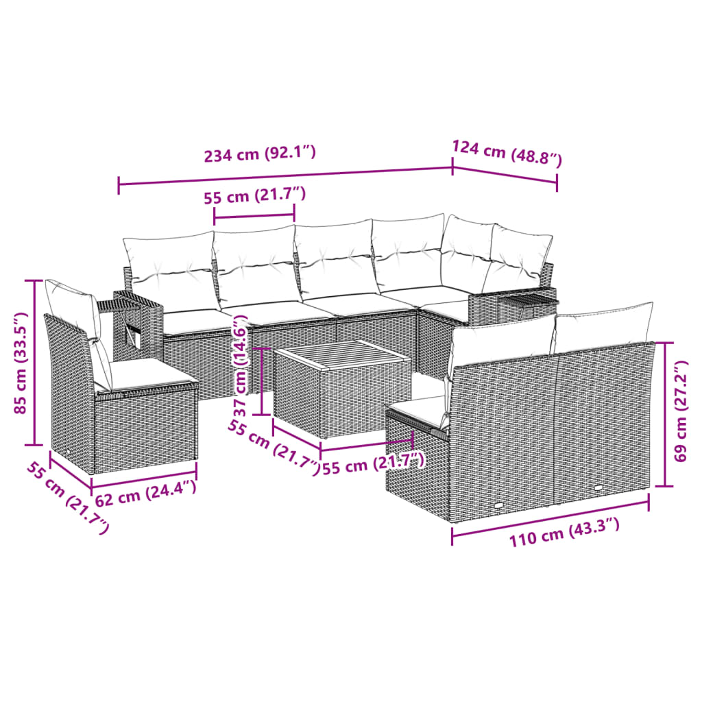 9 Piece Garden Sofa Set with Cushions Black Poly Rattan