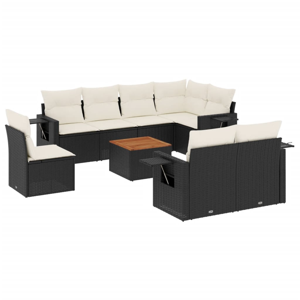 9 Piece Garden Sofa Set with Cushions Black Poly Rattan