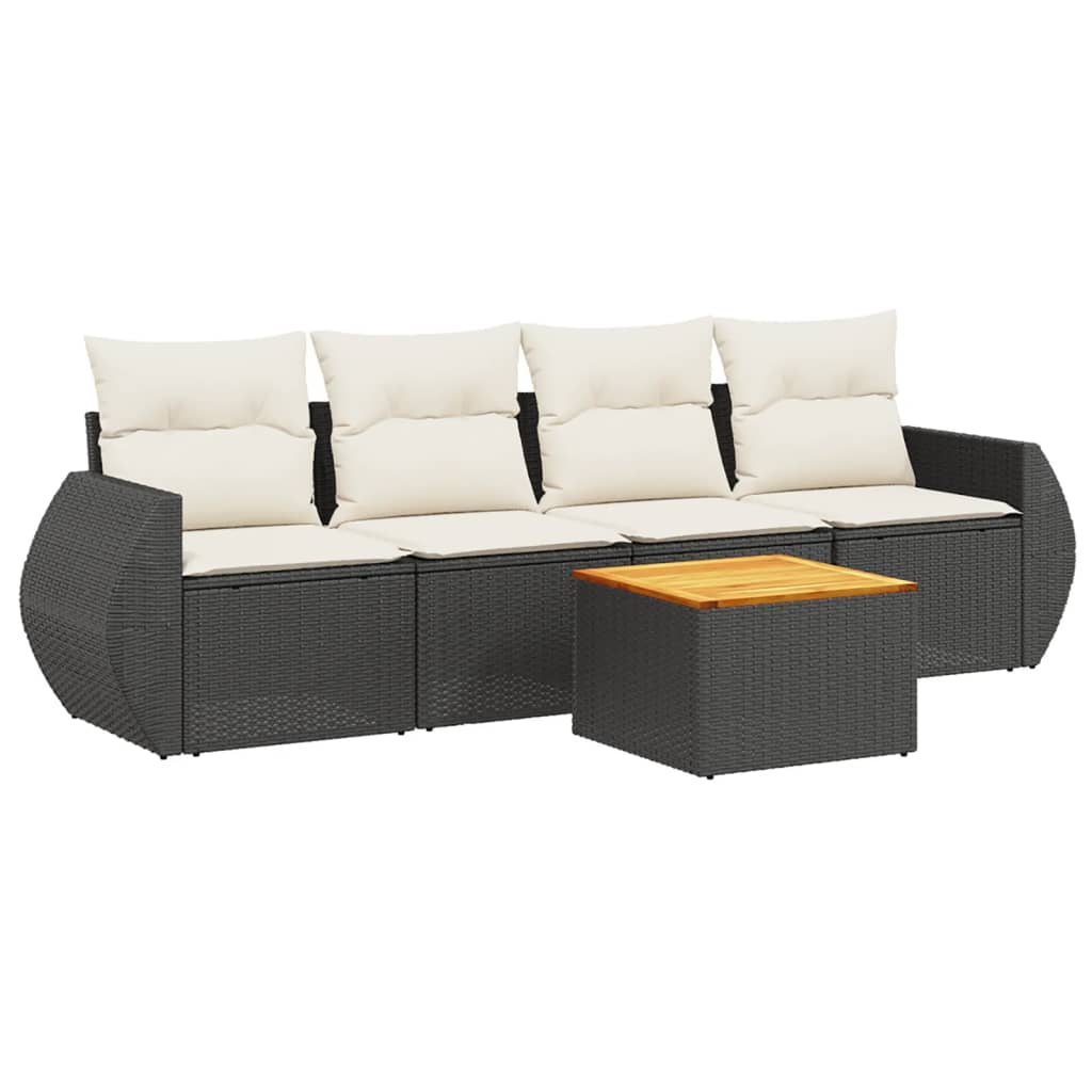 5 Piece Garden Sofa Set with Cushions Black Poly Rattan