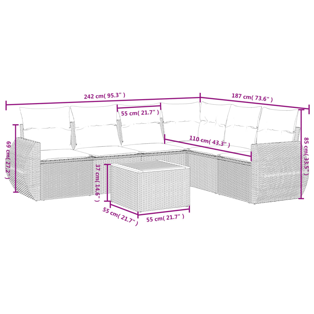 7 Piece Garden Sofa Set with Cushions Grey Poly Rattan