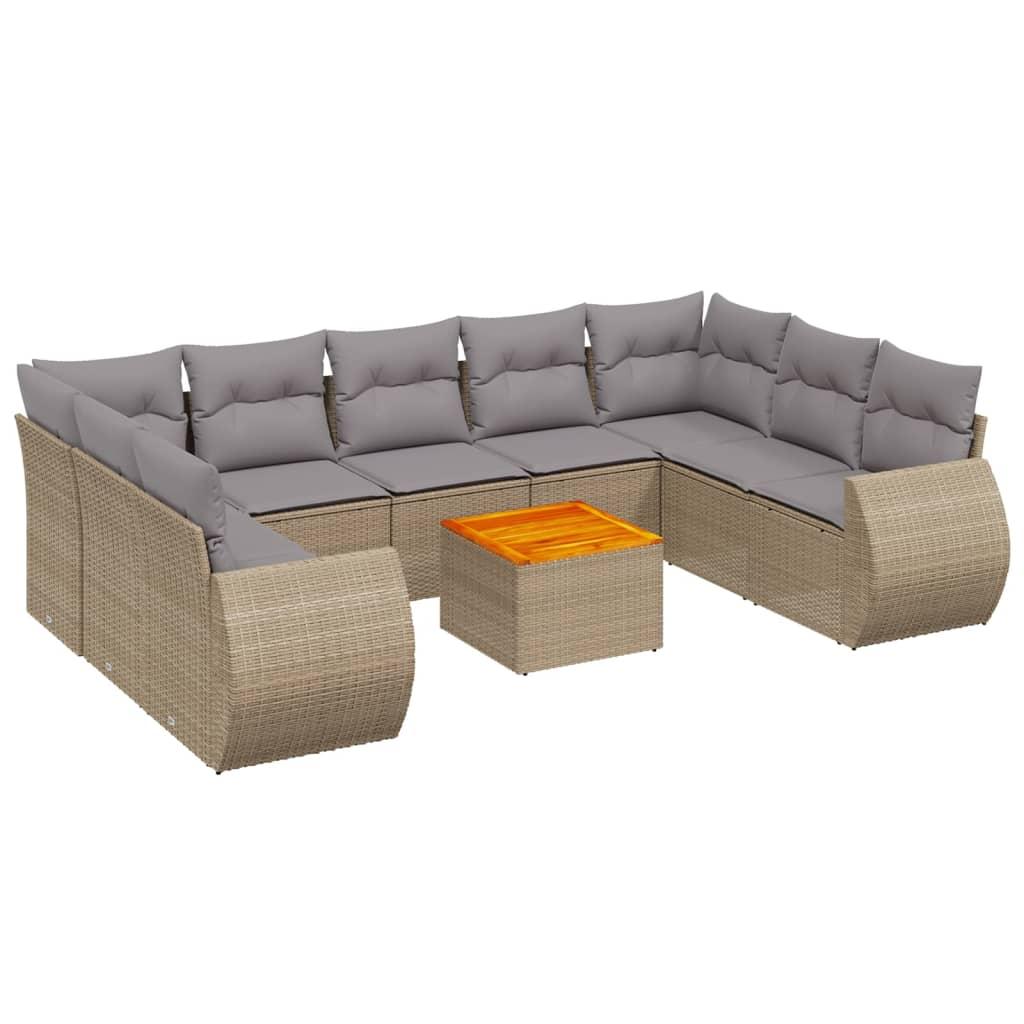 10 Piece Garden Sofa Set with Cushions Beige Poly Rattan