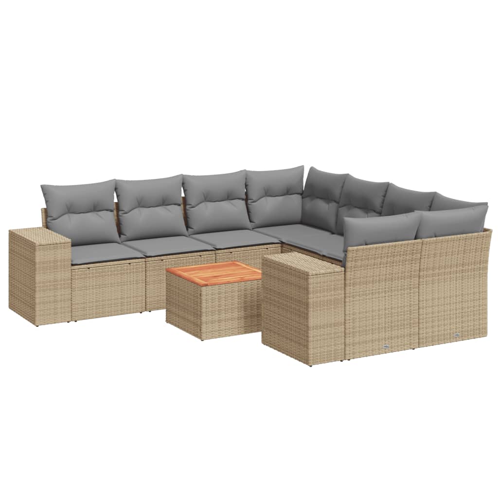 9 Piece Garden Sofa Set with Cushions Beige Poly Rattan