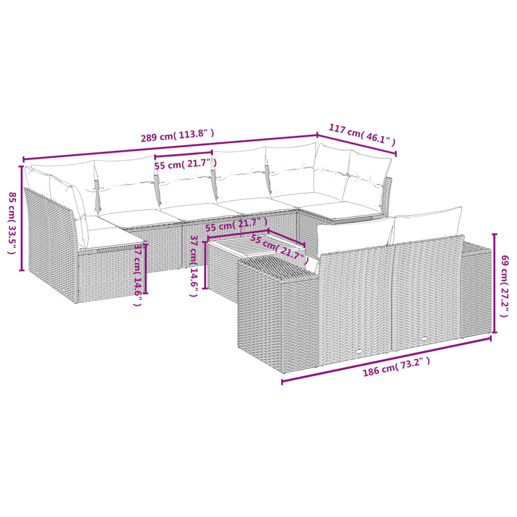 10 Piece Garden Sofa Set with Cushions Beige Poly Rattan