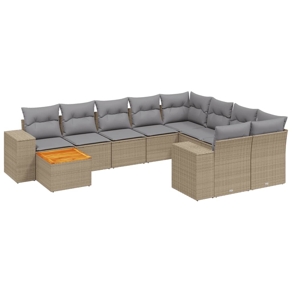 10 Piece Garden Sofa Set with Cushions Beige Poly Rattan