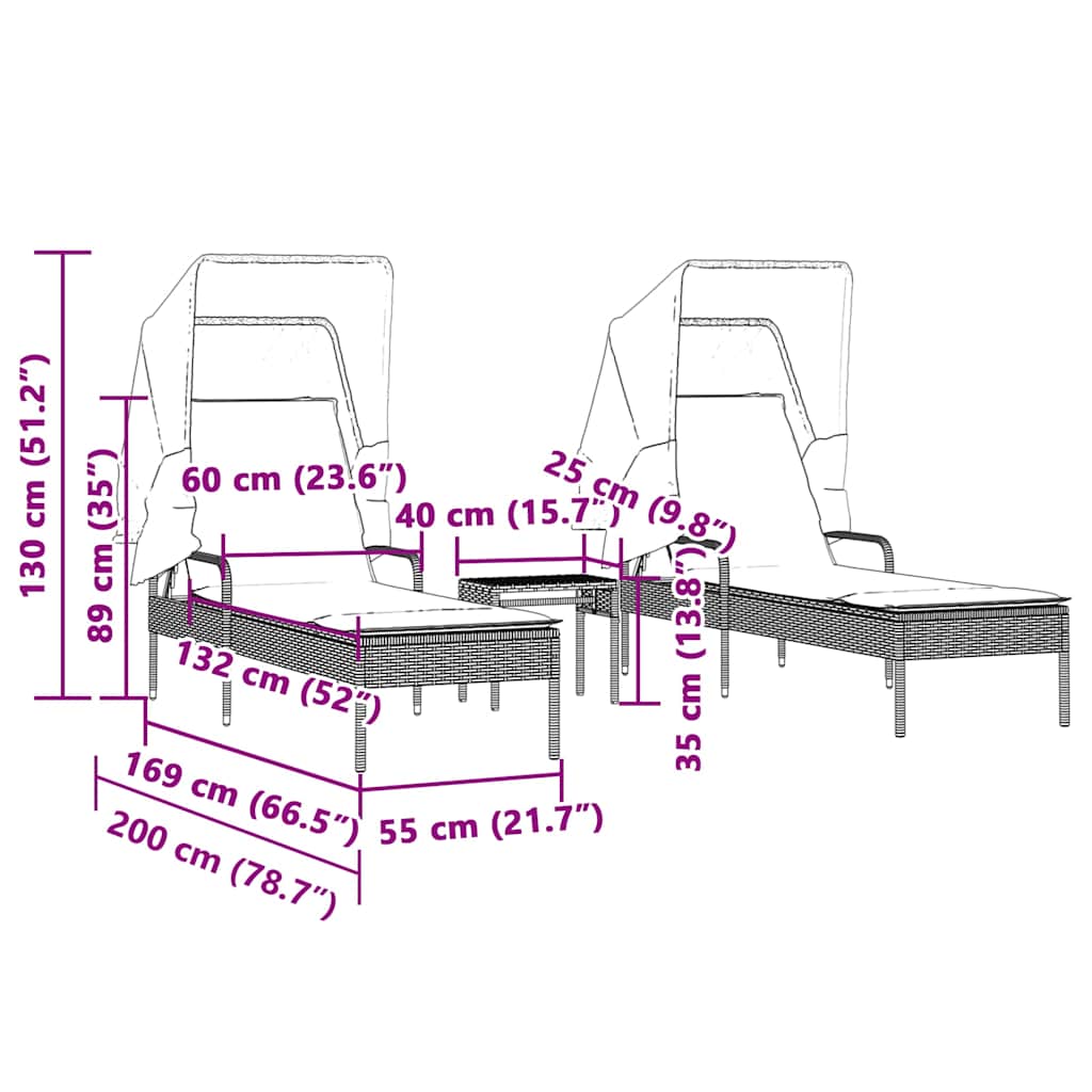 Sun Loungers 2 pcs with Canopies and Table Black Poly Rattan