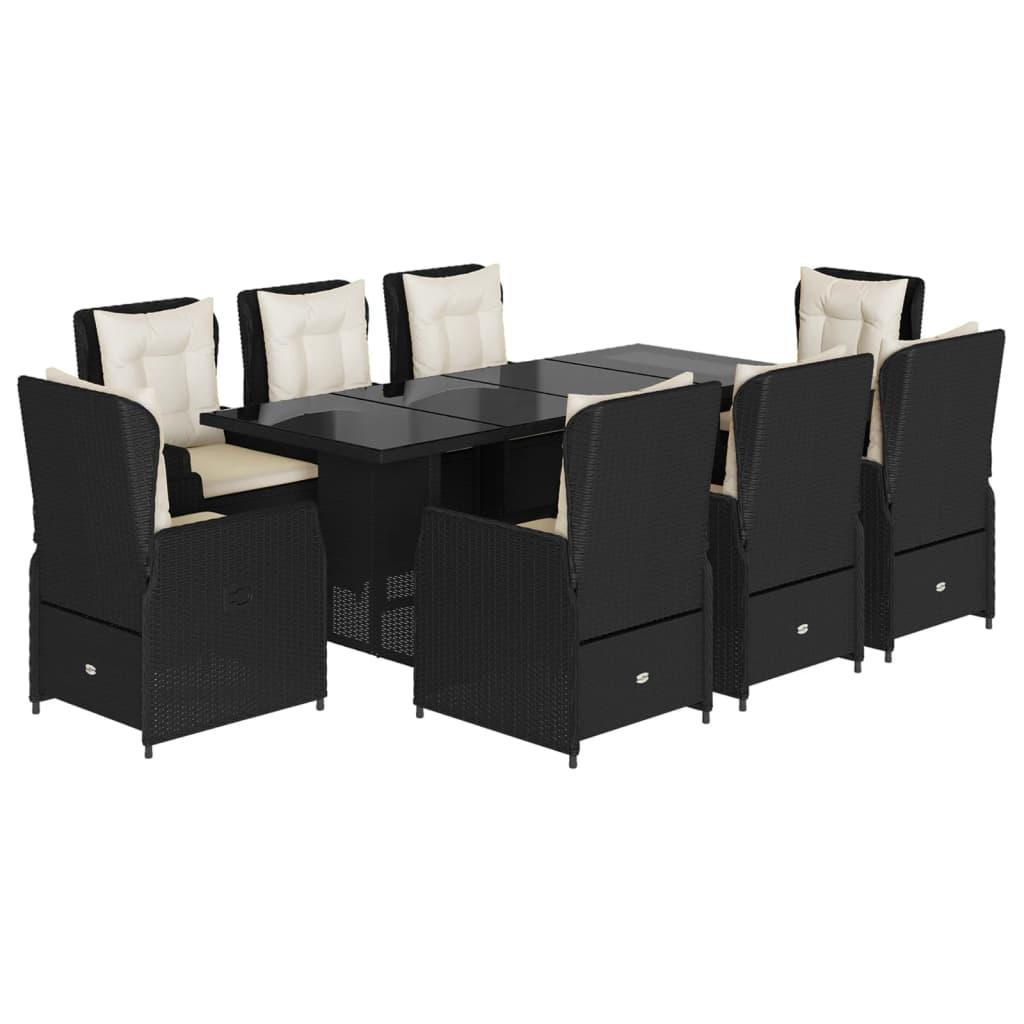 9 Piece Garden Dining Set with Cushions Black Poly Rattan
