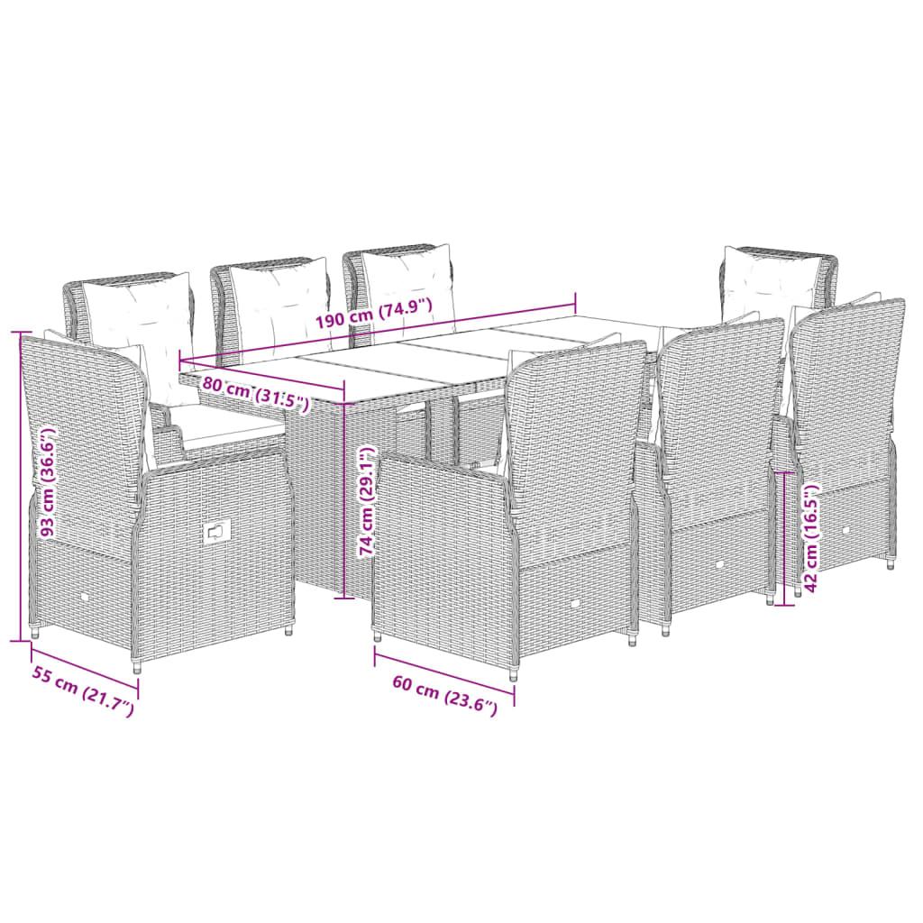 9 Piece Garden Dining Set with Cushions Grey Poly Rattan