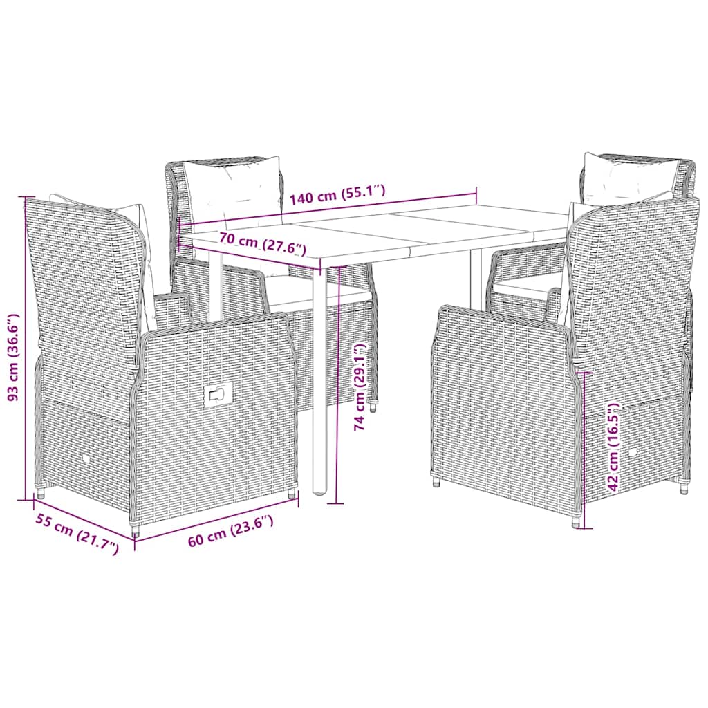 5 Piece Garden Dining Set with Cushions Black Poly Rattan