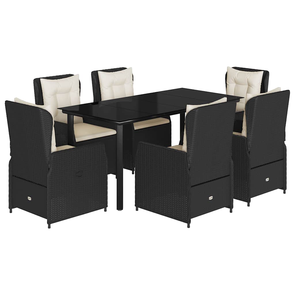 7 Piece Garden Dining Set with Cushions Black Poly Rattan