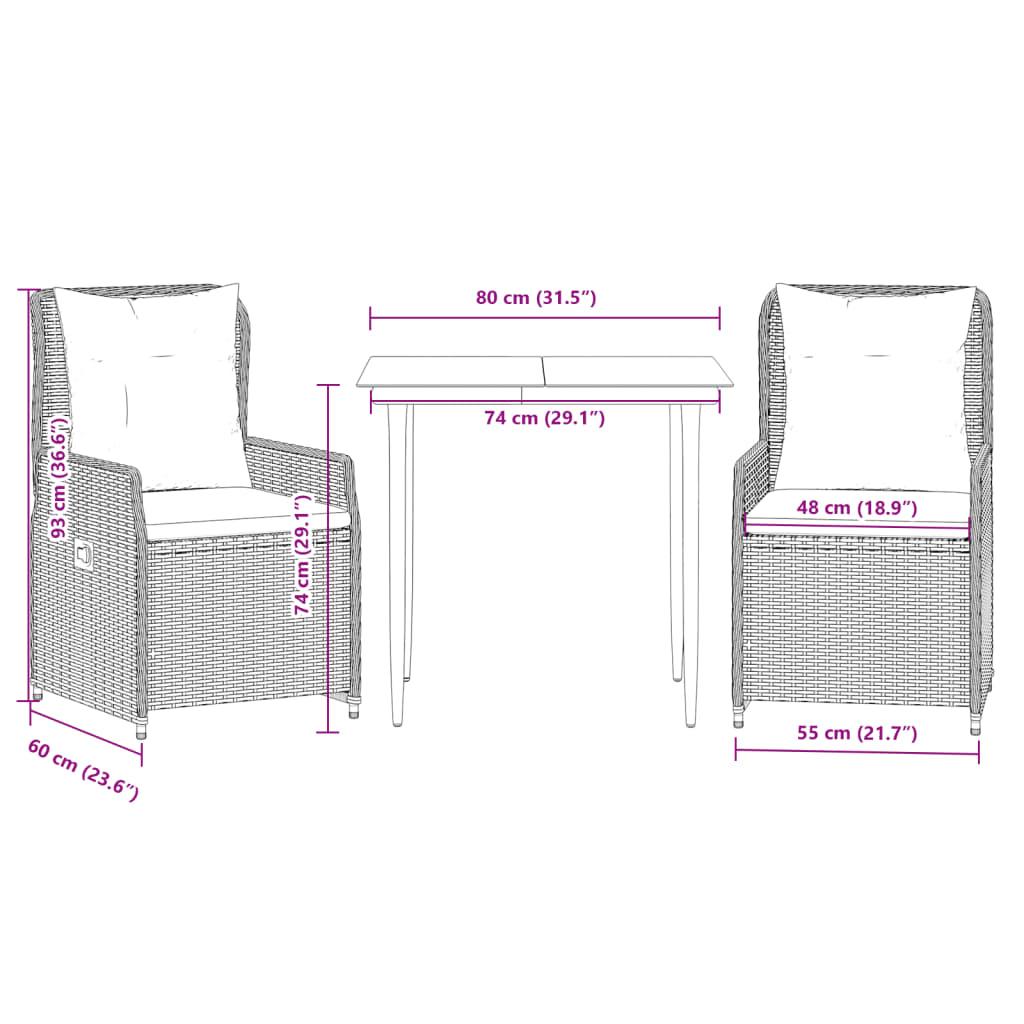 3 Piece Garden Dining Set with Cushions Grey Poly Rattan