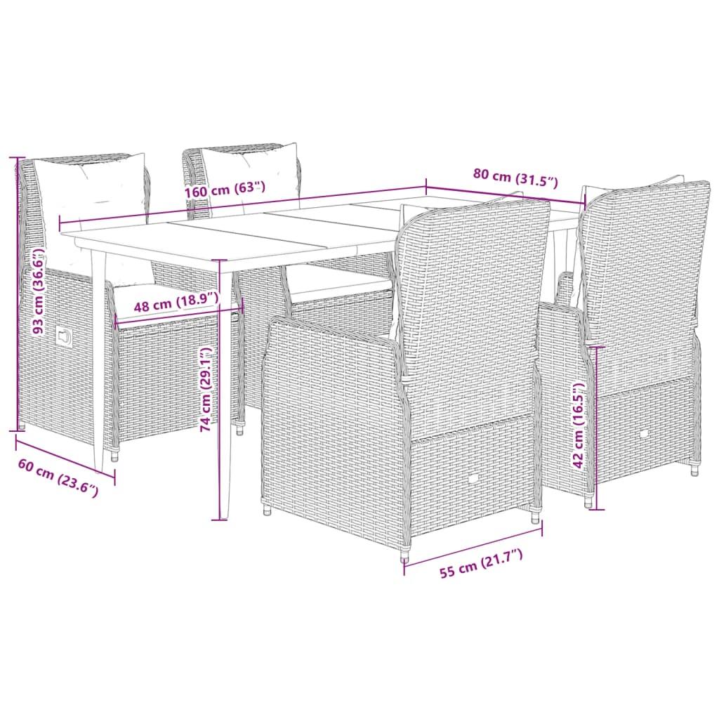 5 Piece Garden Dining Set with Cushions Grey Poly Rattan