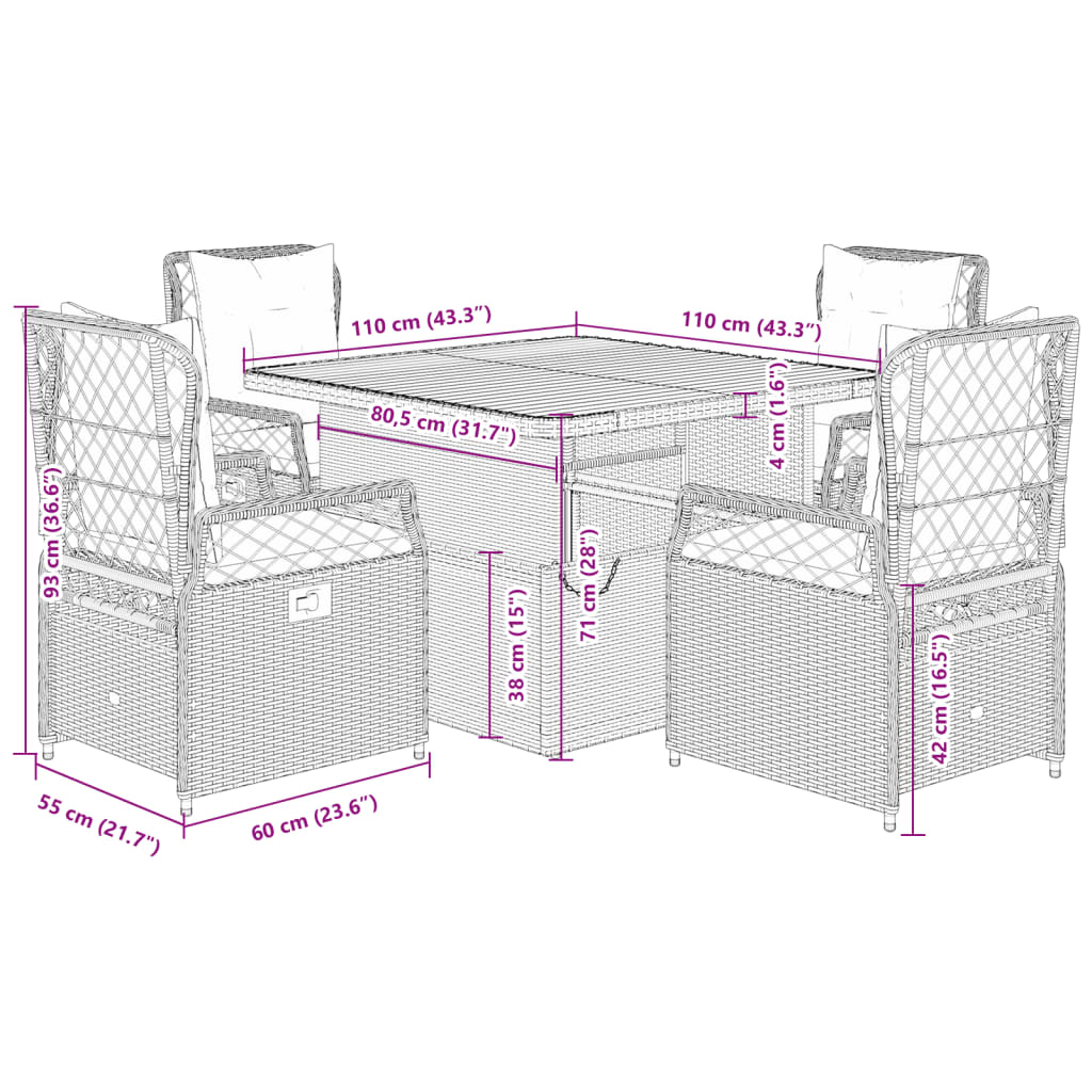 5 Piece Garden Dining Set with Cushions Grey Poly Rattan