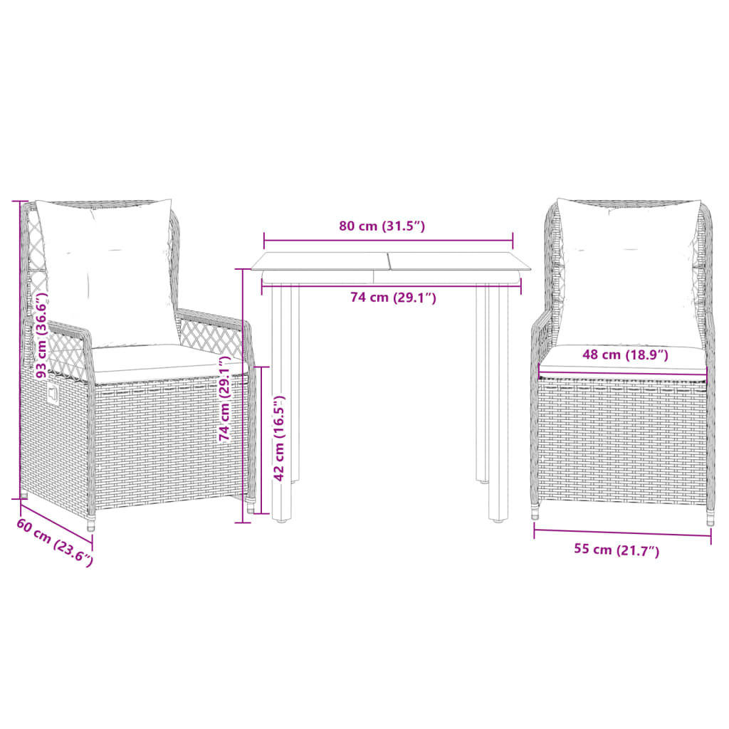 3 Piece Garden Dining Set with Cushions Black Poly Rattan