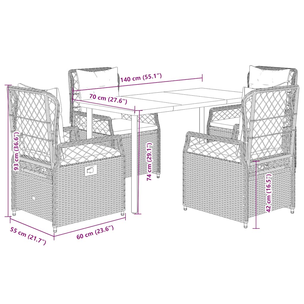 5 Piece Garden Dining Set with Cushions Black Poly Rattan