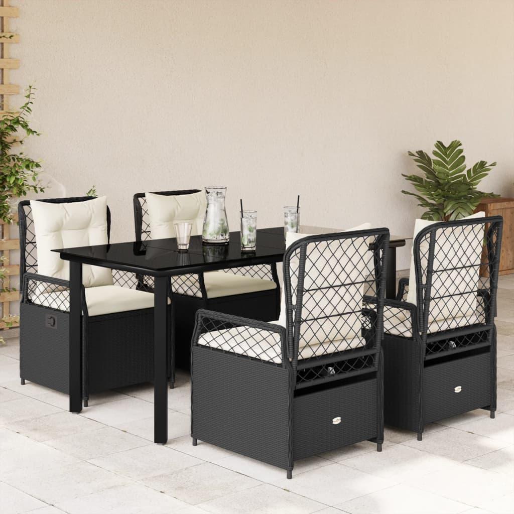 5 Piece Garden Dining Set with Cushions Black Poly Rattan