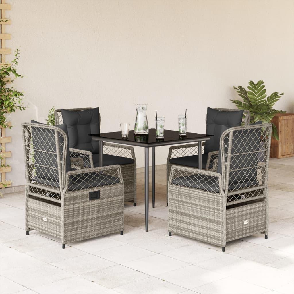 5 Piece Garden Dining Set with Cushions Grey Poly Rattan