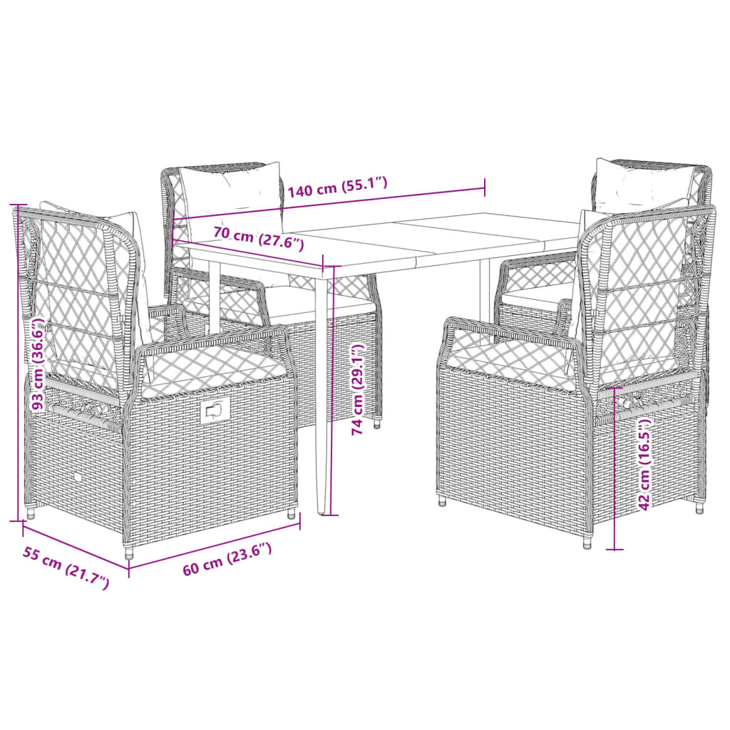5 Piece Garden Dining Set with Cushions Grey Poly Rattan