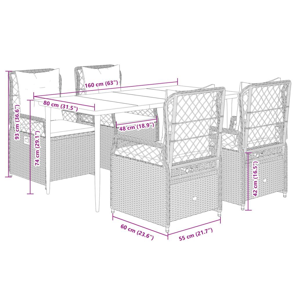 5 Piece Garden Dining Set with Cushions Grey Poly Rattan