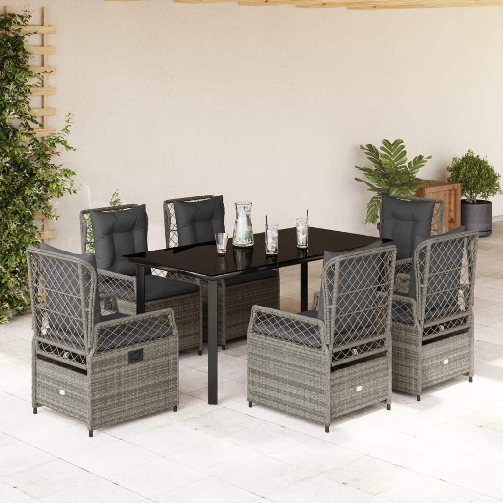 7 Piece Garden Dining Set with Cushions Grey Poly Rattan