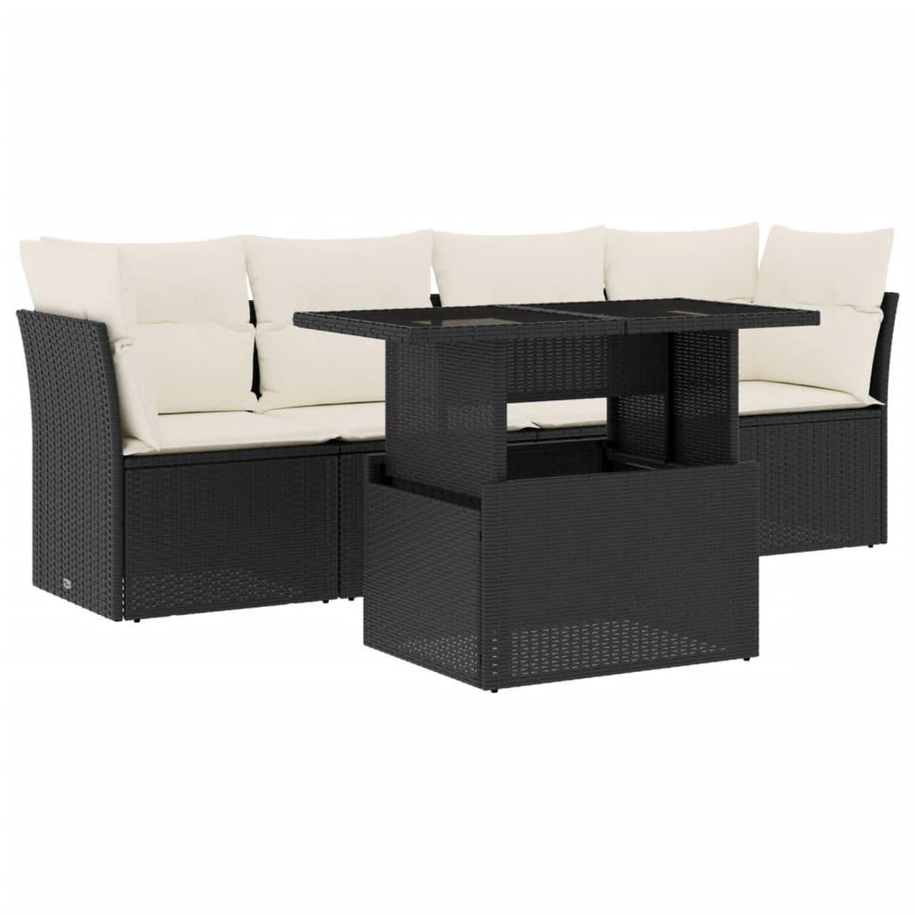 5 Piece Garden Sofa Set with Cushions Black Poly Rattan