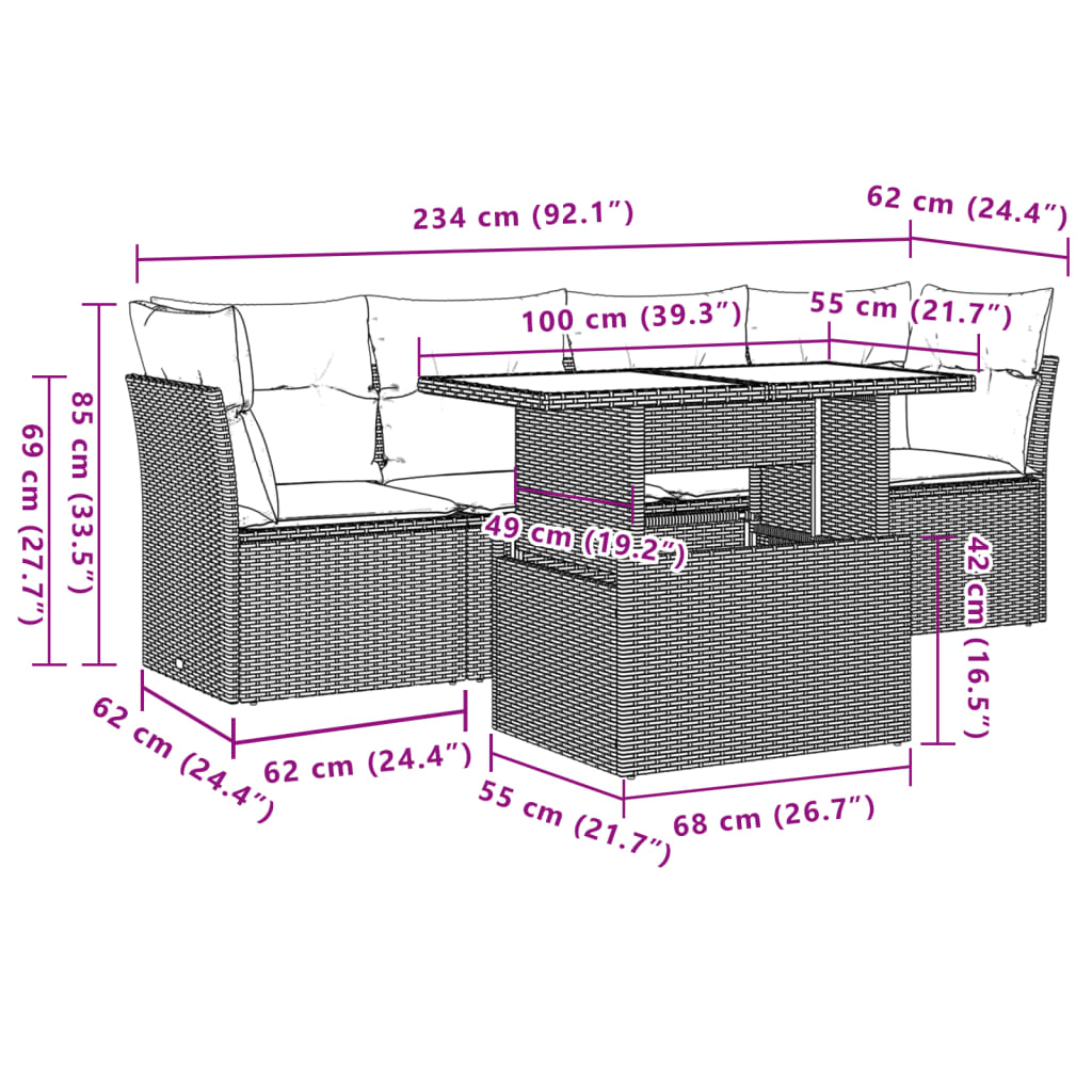 5 Piece Garden Sofa Set with Cushions Black Poly Rattan