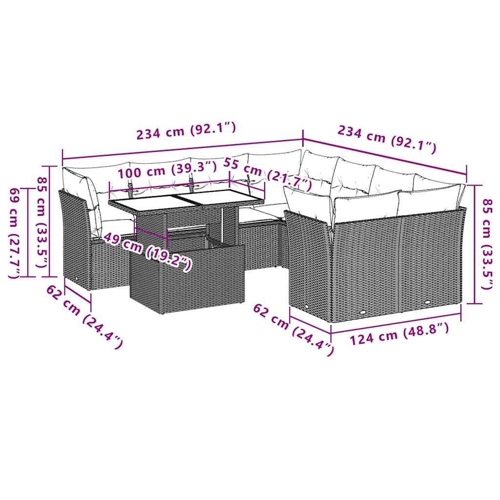 9 Piece Garden Sofa Set with Cushions Black Poly Rattan