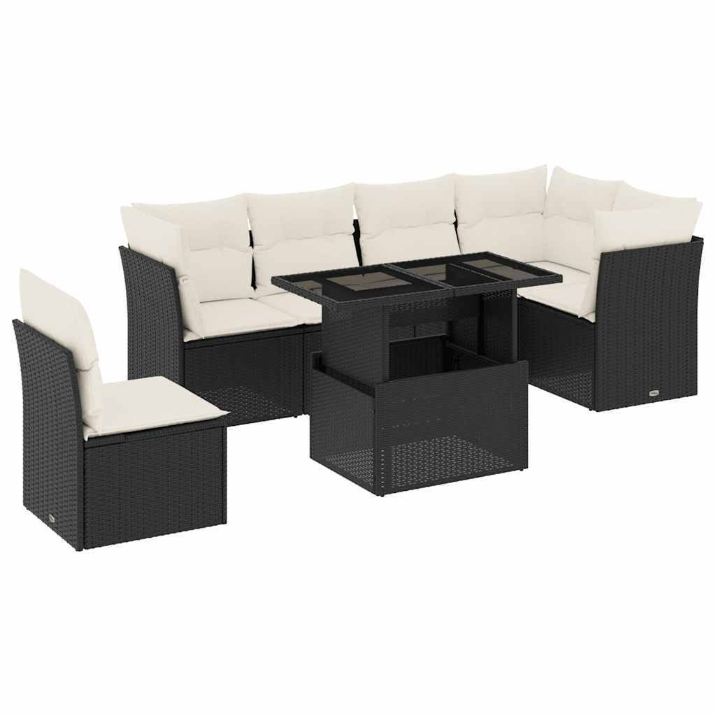 7 Piece Garden Sofa Set with Cushions Black Poly Rattan