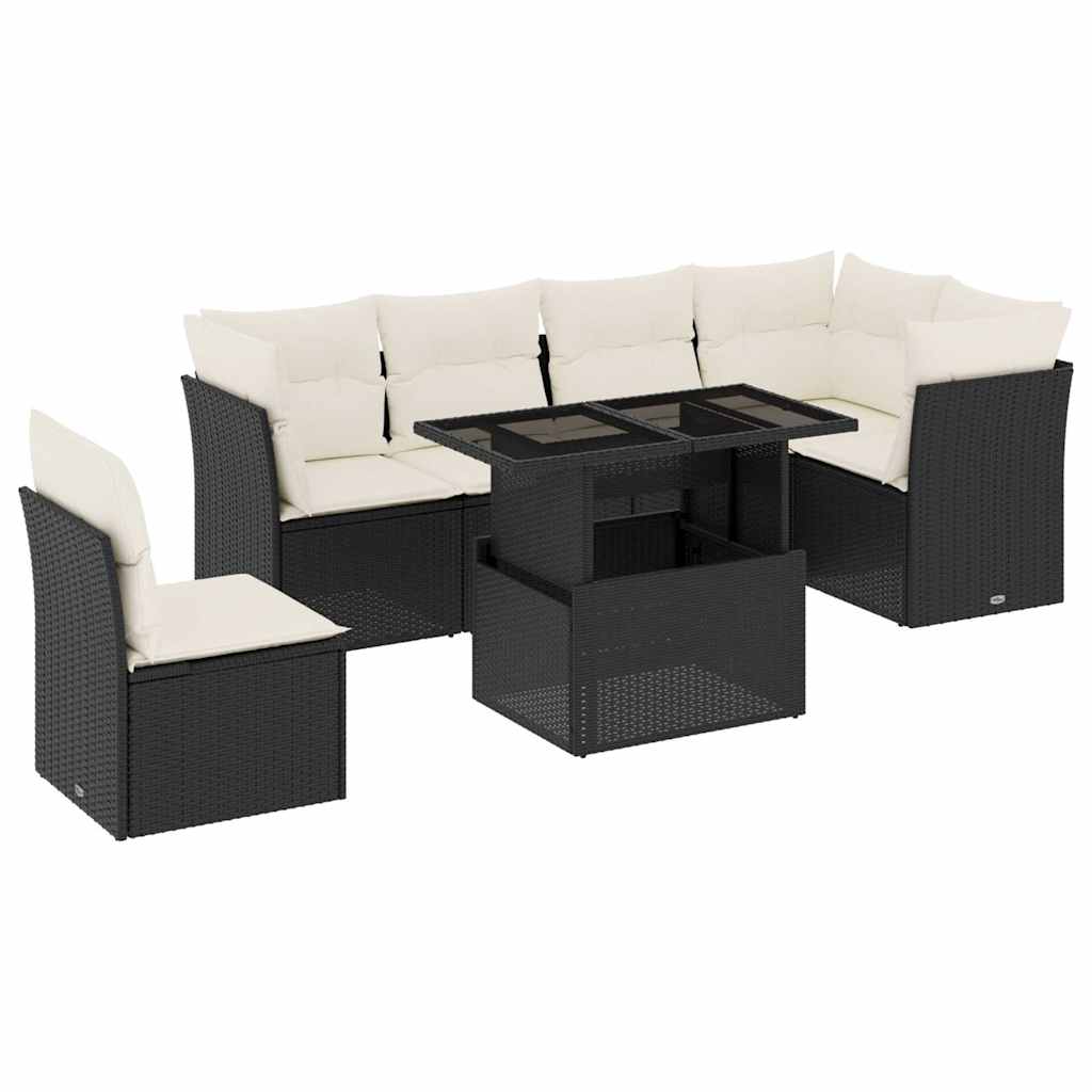 7 Piece Garden Sofa Set with Cushions Black Poly Rattan