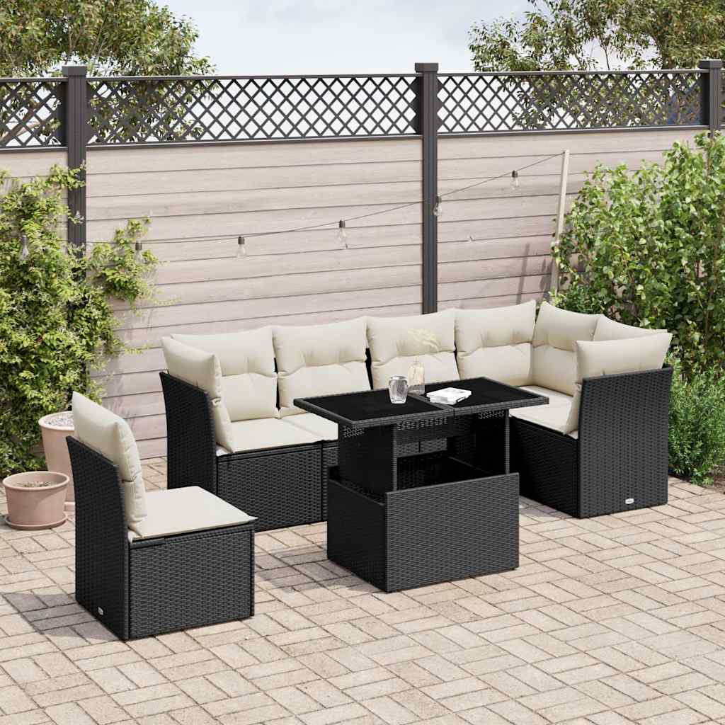 7 Piece Garden Sofa Set with Cushions Black Poly Rattan