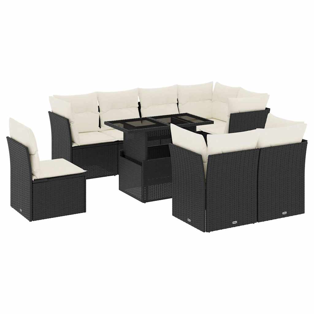 9 Piece Garden Sofa Set with Cushions Black Poly Rattan