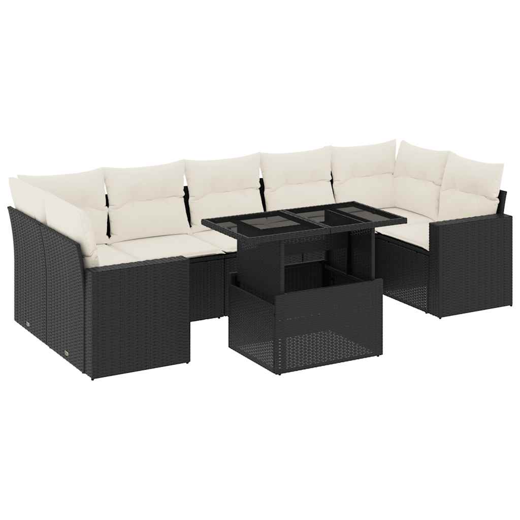 8 Piece Garden Sofa Set with Cushions Black Poly Rattan