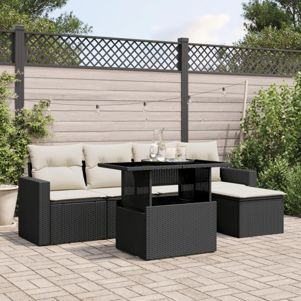 6 Piece Garden Sofa Set with Cushions Black Poly Rattan