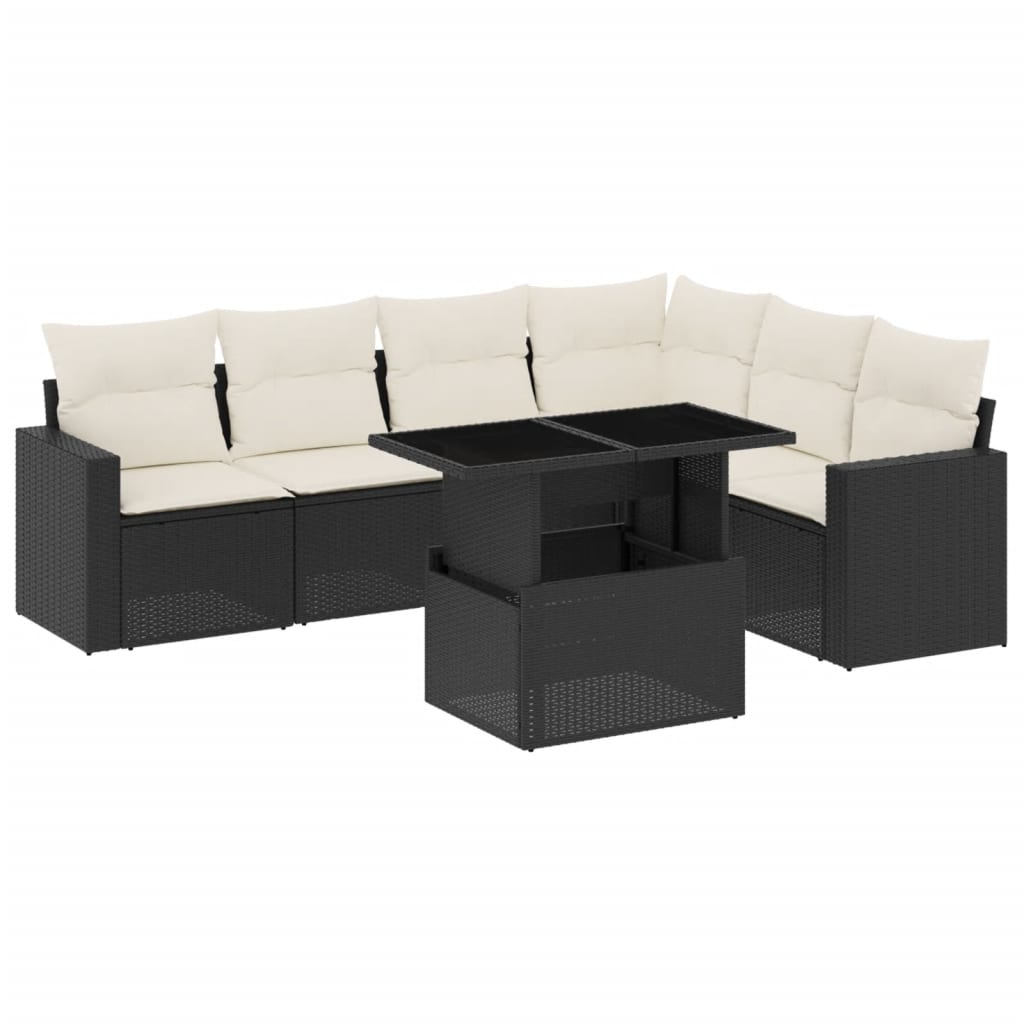 7 Piece Garden Sofa Set with Cushions Black Poly Rattan