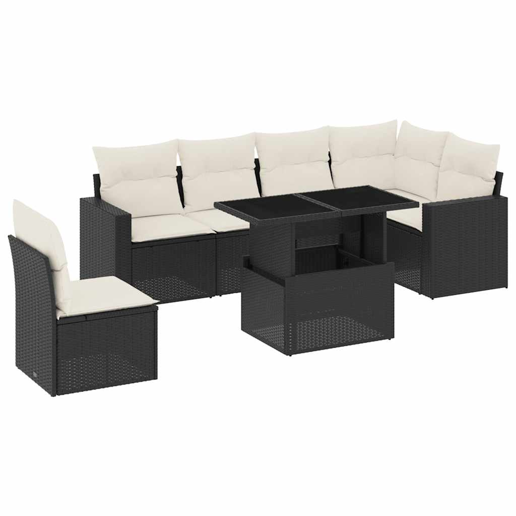 7 Piece Garden Sofa Set with Cushions Black Poly Rattan