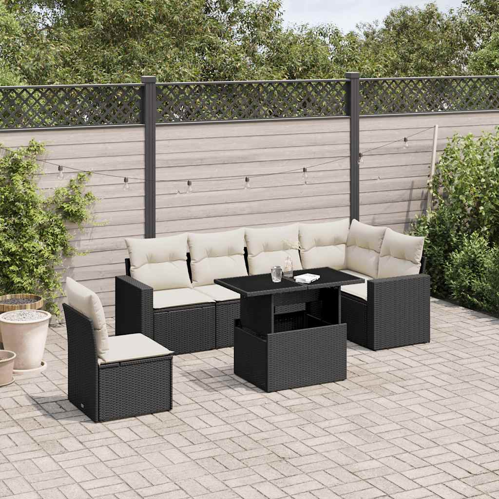7 Piece Garden Sofa Set with Cushions Black Poly Rattan