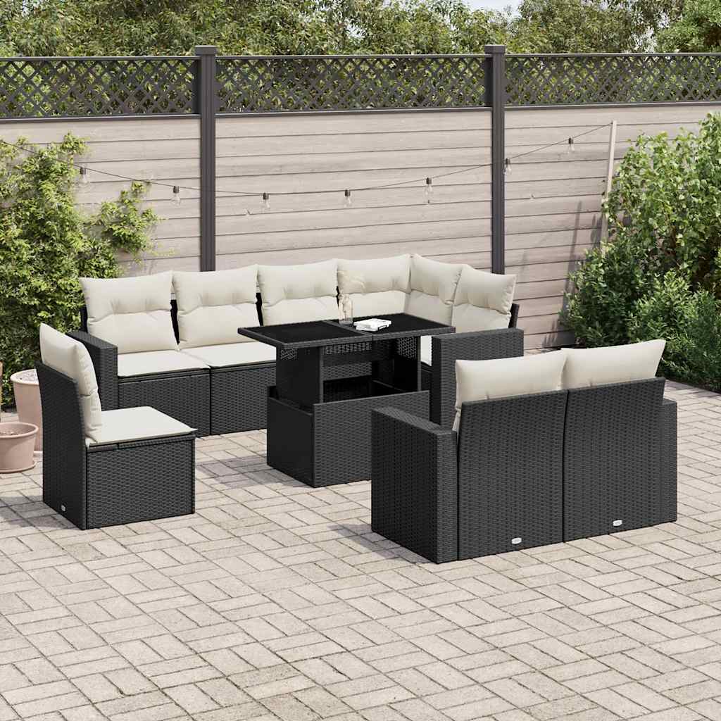 9 Piece Garden Sofa Set with Cushions Black Poly Rattan