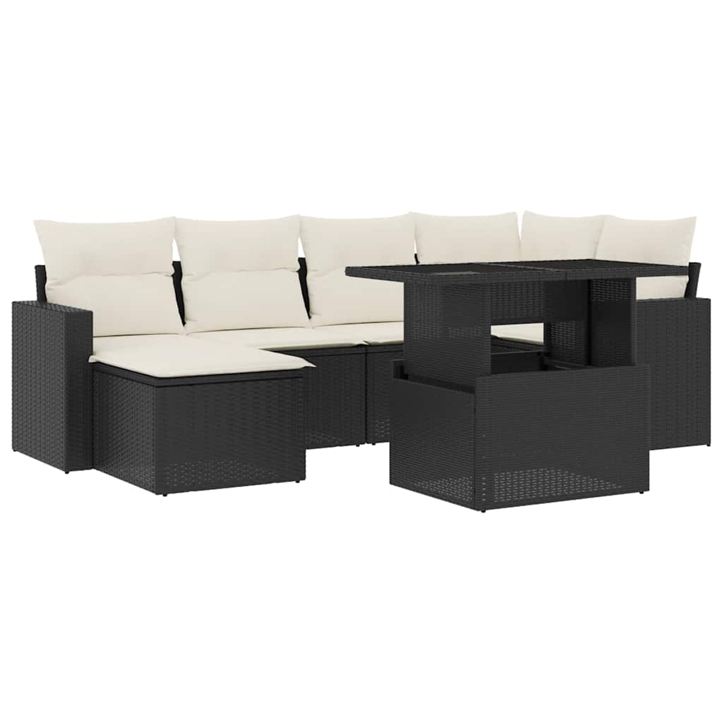 7 Piece Garden Sofa Set with Cushions Black Poly Rattan