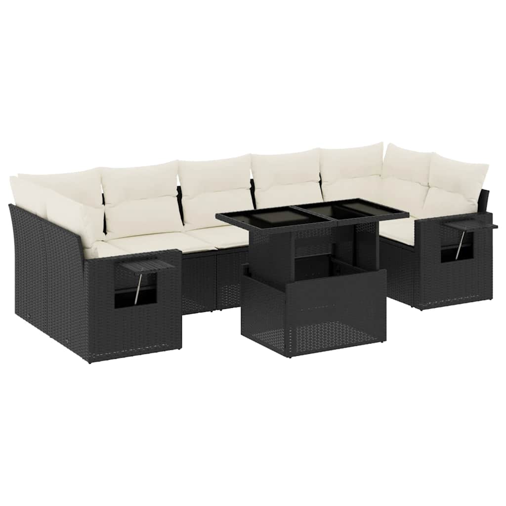 8 Piece Garden Sofa Set with Cushions Black Poly Rattan