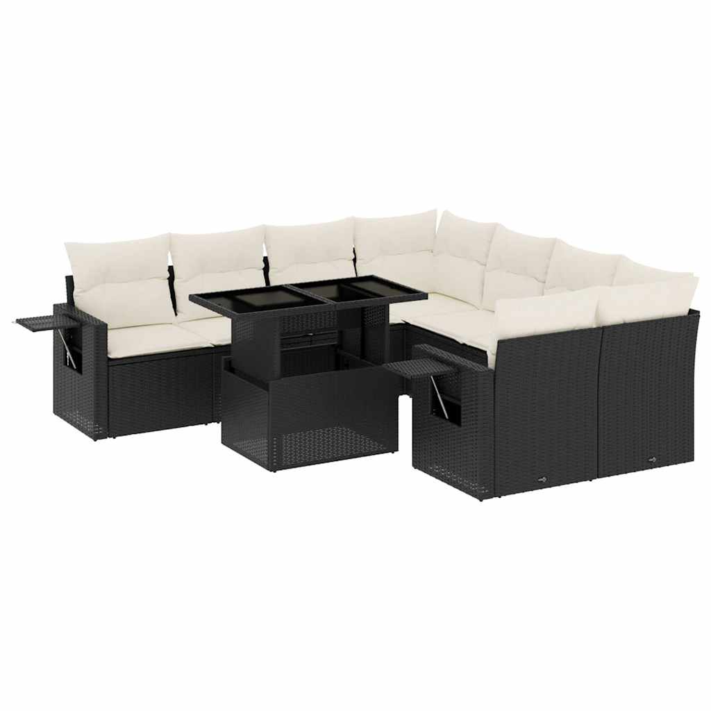 9 Piece Garden Sofa Set with Cushions Black Poly Rattan