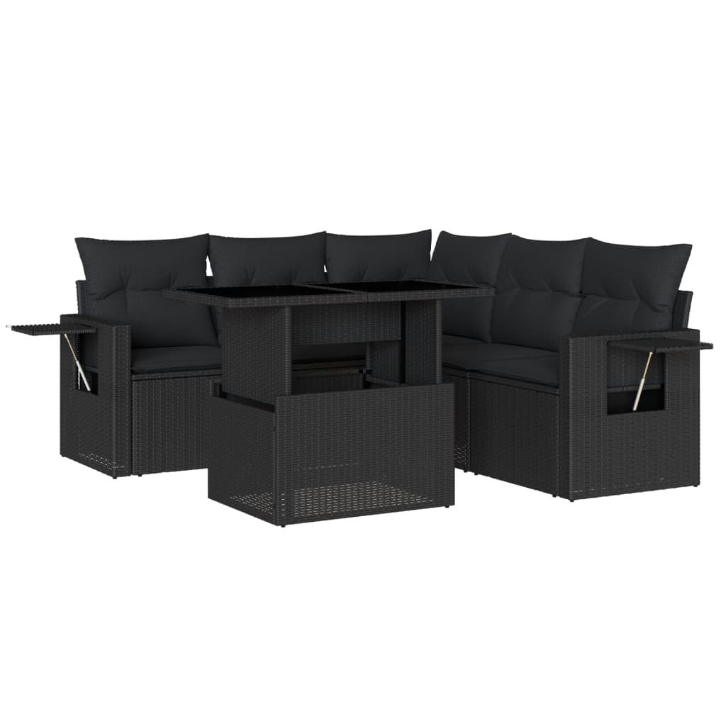6 Piece Garden Sofa Set with Cushions Black Poly Rattan