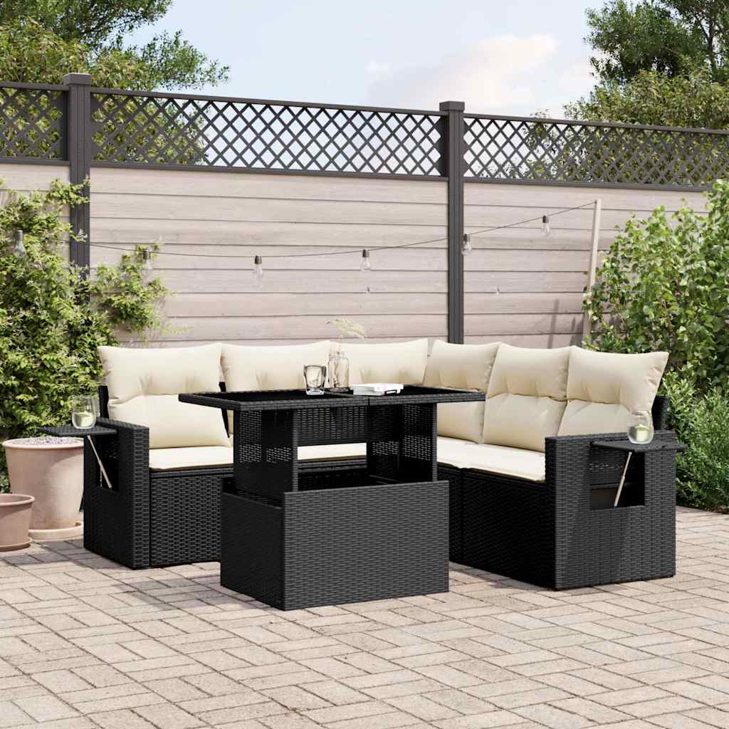 6 Piece Garden Sofa Set with Cushions Black Poly Rattan