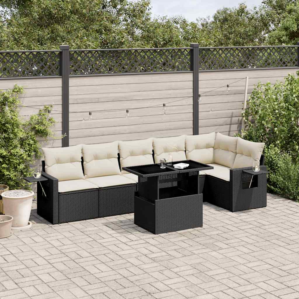 7 Piece Garden Sofa Set with Cushions Black Poly Rattan