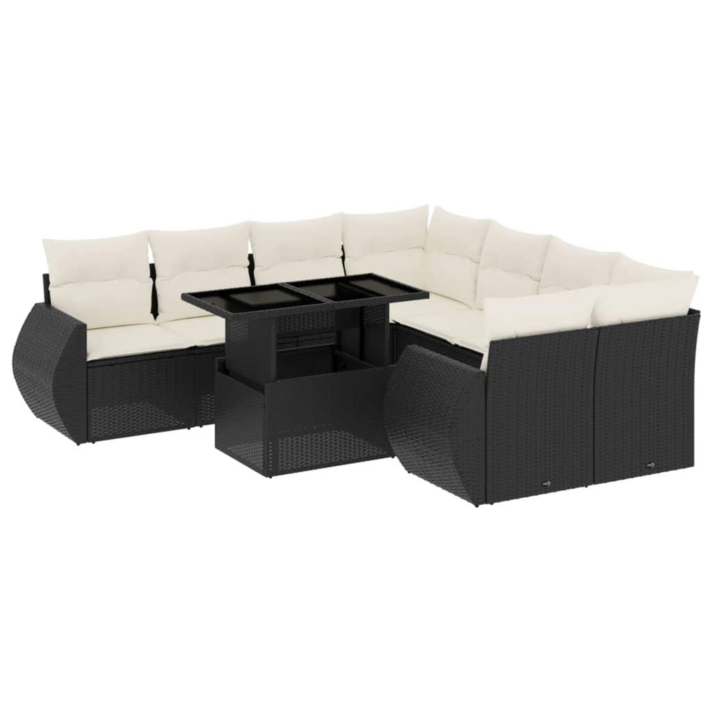 9 Piece Garden Sofa Set with Cushions Black Poly Rattan