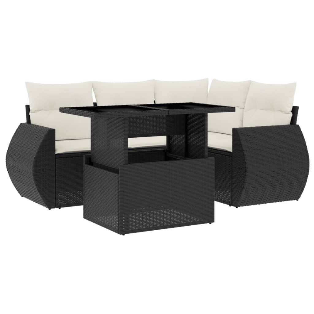 5 Piece Garden Sofa Set with Cushions Black Poly Rattan