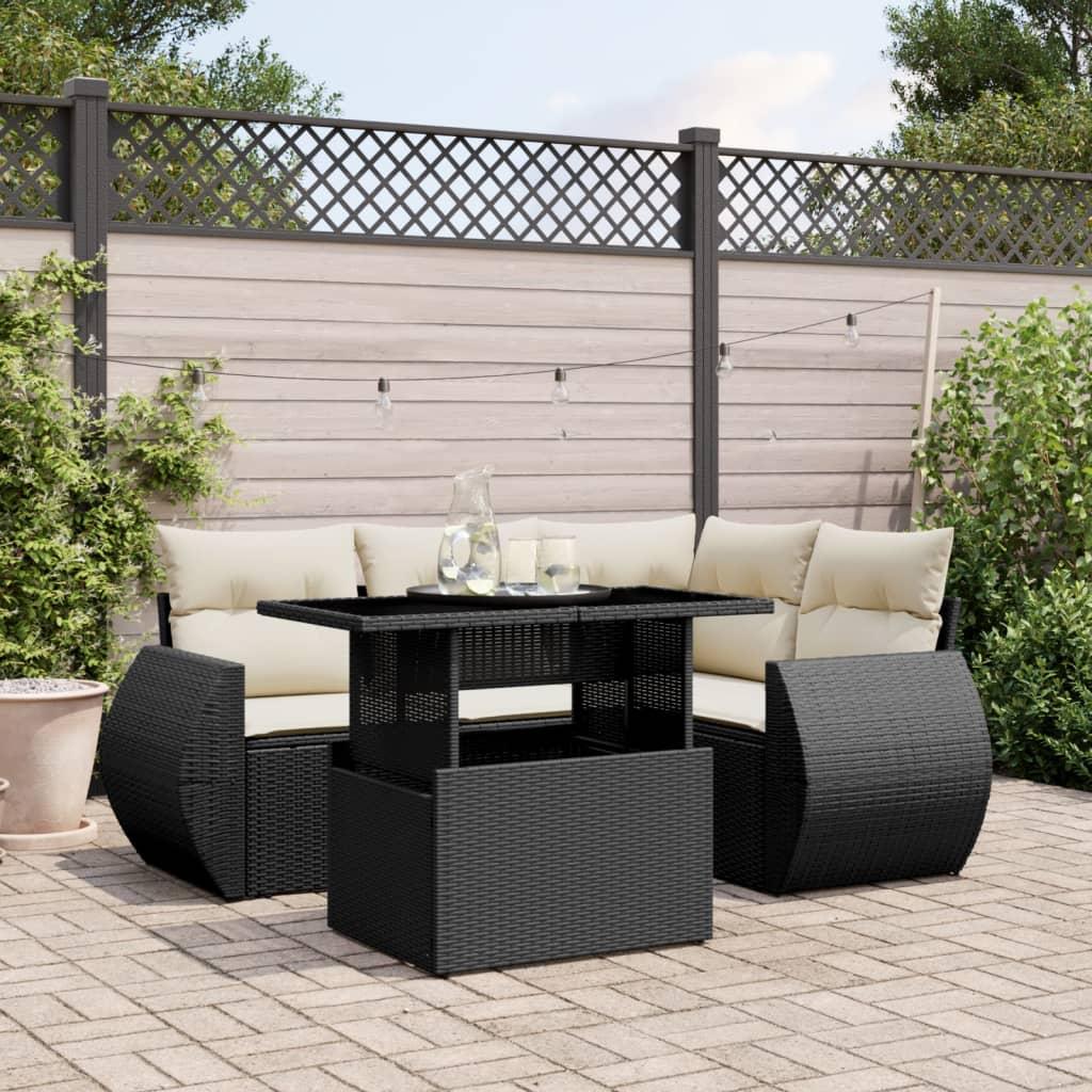 5 Piece Garden Sofa Set with Cushions Black Poly Rattan